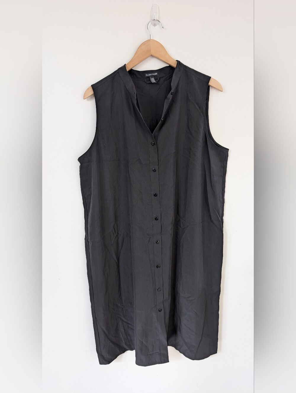 Eileen Fisher Black Mandarin Collar Tunic Midi Dress Tencel/Lyocell Silky Fabric